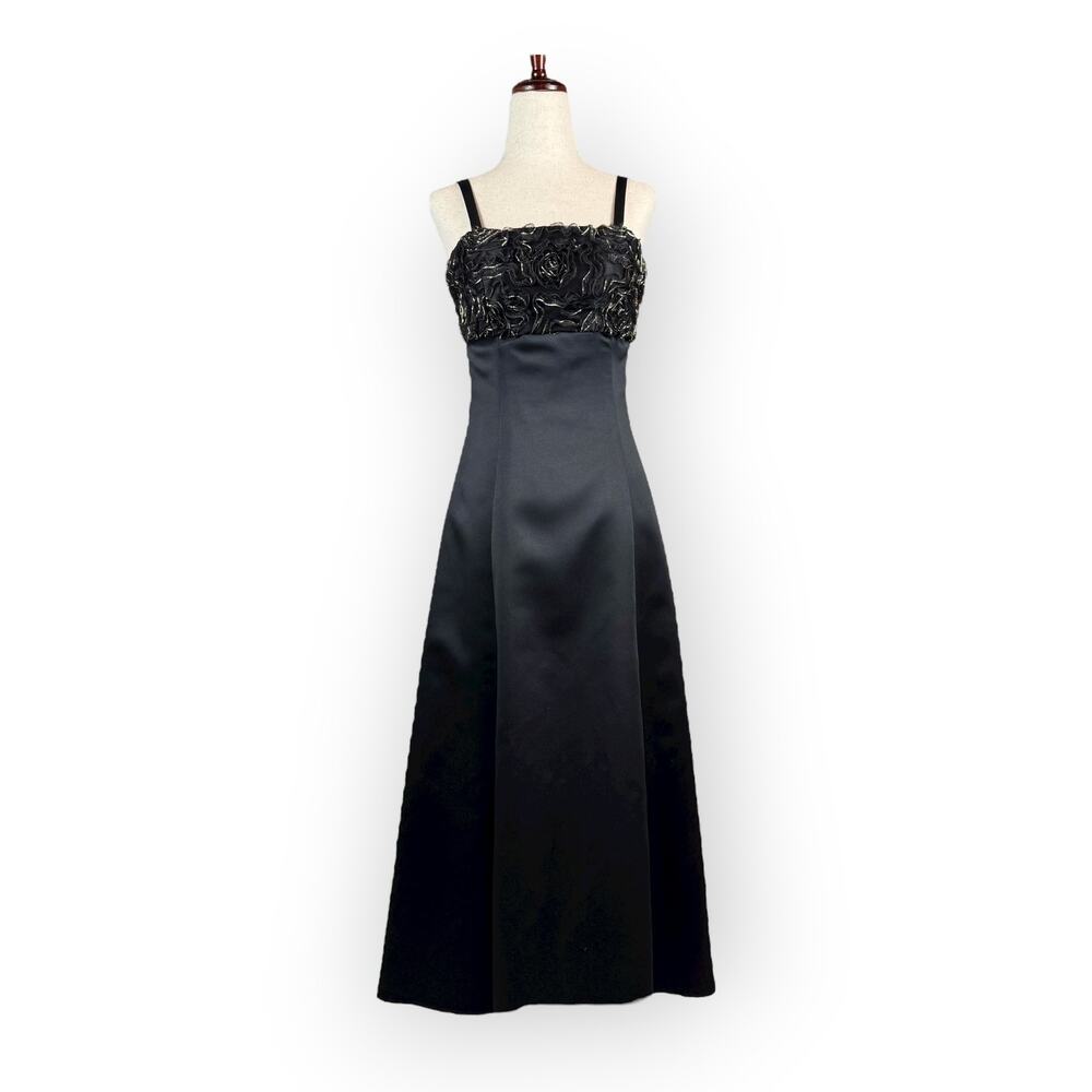 Vintage 90's Girls Ruched Flower Black Gold Formal Dress Junior 7 A-Line
